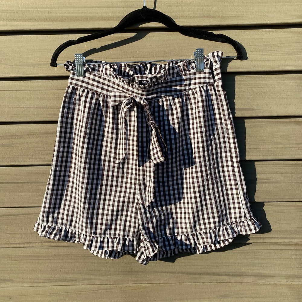 Nasty Gal Black & White Gingham High Waist ruffle now Shorts